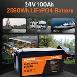 EKPAOWE 24V 25.6V 100AH LiFePO4 Battery 6000+ Deep Cycles Rechargeable Lithium Battery Pack up to 48V 51.2V 400Ah Low-Temp Protection For Fishing, Portable Power Station, Golf Cart, Boat, Camper, Marine, Trolling Motor, Off-Grid, Solar Energy Storage