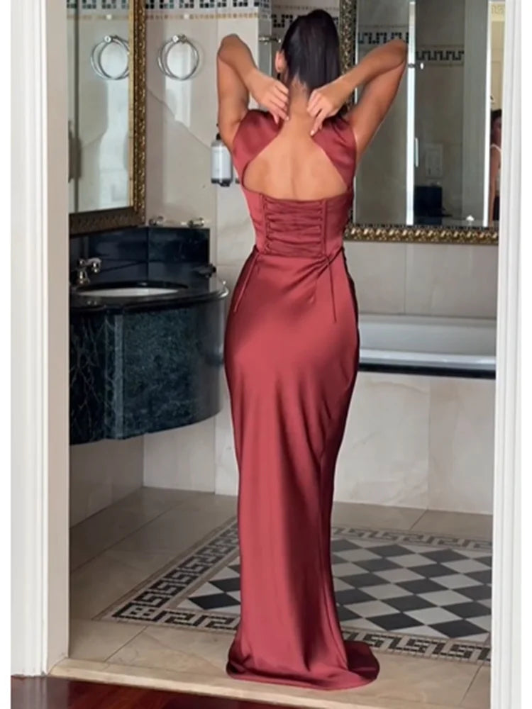 Solid Satin Cowl Neck Women's Dress Elegant Sleeveless Ruched Waist Fishtail Bodycon Lady Vestido 2026 Summer Party Dresses