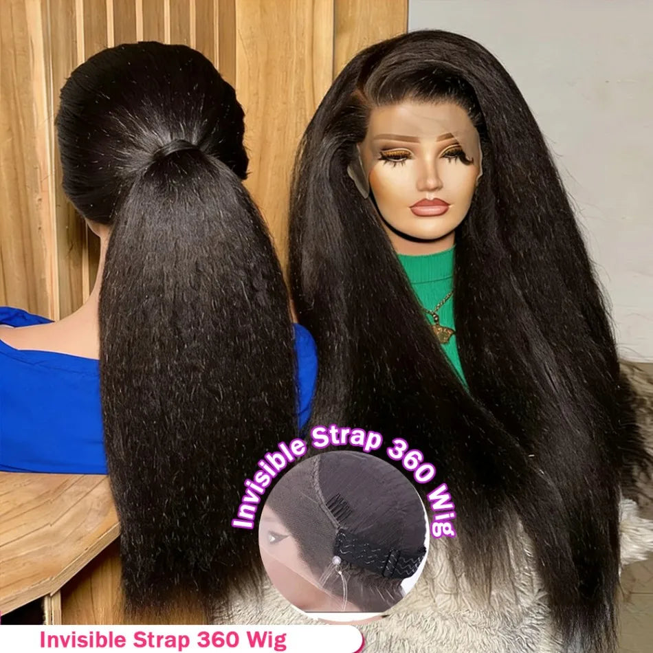 Kinky Straight Human Hair Wigs 360 Lace Front Wig Invisible Strap HD Pre Plucked Brazilian Hair 360 Full Lace Wig For Women 40In