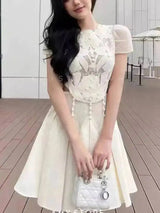 QMQA Fashion Women's Elegant Dress Spliced Lace Flower Embroidered Hollow Out Design Mini Dresses 2025 Spring New Clothing QM305