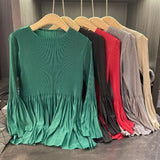 Pleated Long Sleeve T-Shirt Simple Casual Solid Color Versatile Patchwork Stretch Top Women Lightweight Stretch Clothing