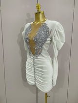 Luxury Sparkly Crystals Sexy Mesh White Velvet Short Dress 2025 Women Elegant Evening Prom Birthday Party Dresses Stage Costume