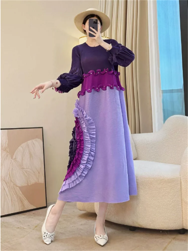 Miyake Tie Flower Design Women's Pleated Dress O-neck Long Sleeve Colorblock Patchwork Chic Beading Loose Famale Clothes