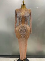 Sexy Shinny Rhinestone Stretch Mesh Transparent Long Dress 2025New Women Evening Birthday Party Prom Nightclub Singer Stage Wear