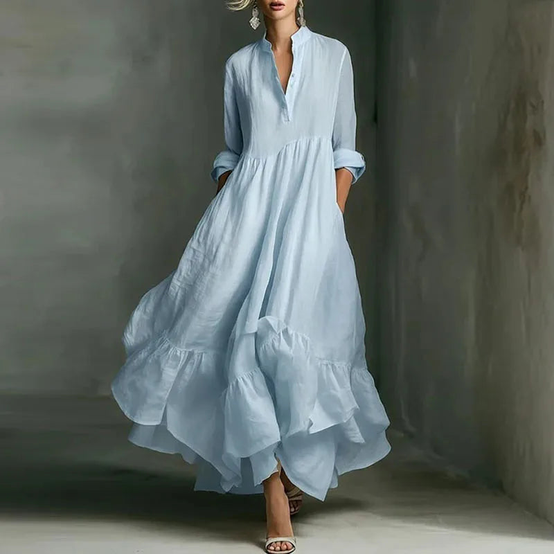 Women's Casual Dresses 2026 Spring Elegant V Neck High Waist A-Line Long Dress Retro Solid 3/4 Sleeve Ruffle Hem Boho Maxi Dress