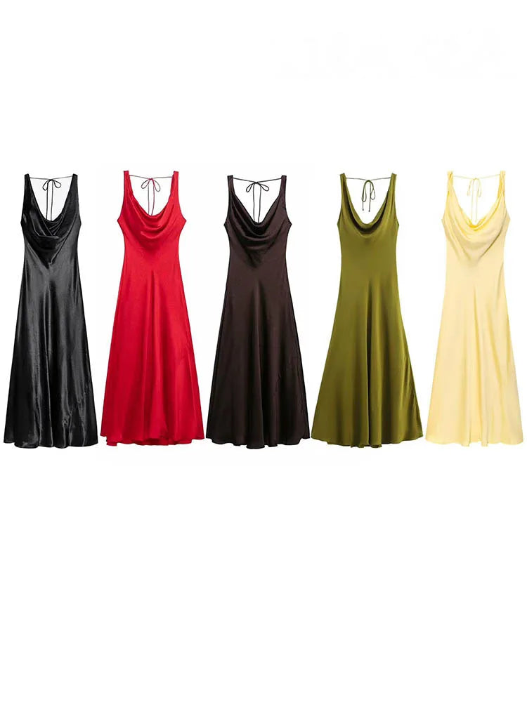 HH Women's Solid Vacation Style Satin Texture Backless V-neck Midi Dress Summer Female Elegant Sexy Lace-up Strap Dress