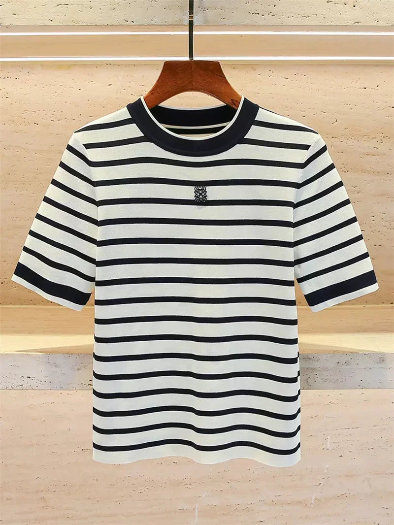 Summer New 2026 Women Short Sleeved Loose Round Neck Striped T-Shirt and Top Versatile