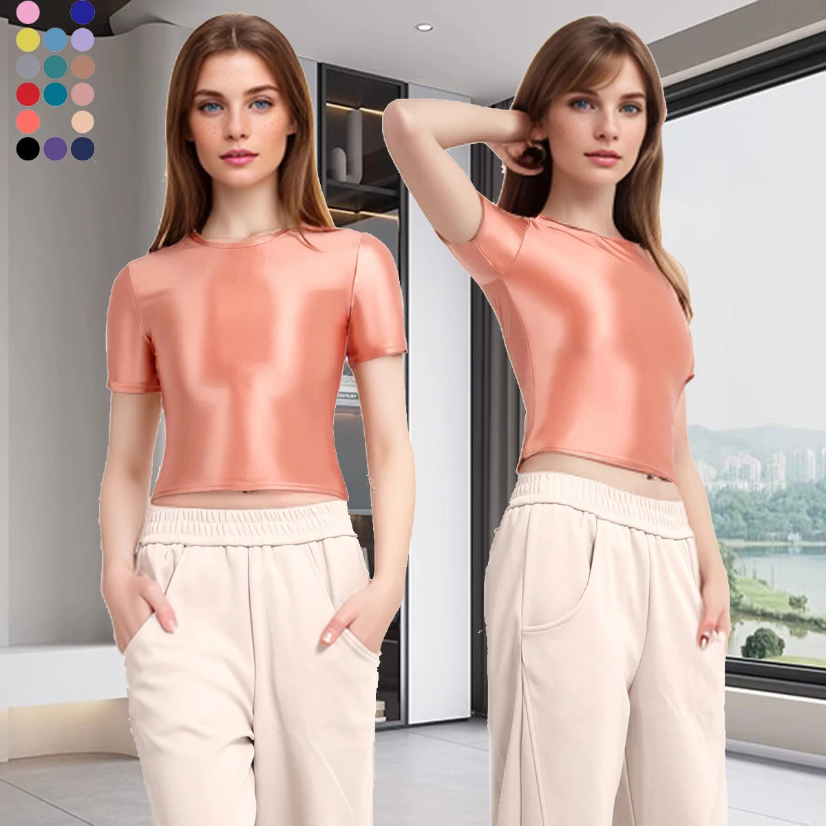 MJINM Women Oil Glossy Silky Smooth Short-sleeve Bottoming Shirt Strech Tight Soild Color Casual Yoga Sports Home Short T-shirt