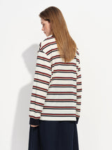 FSLE Women's Color Block Striped Long-Sleeve T-Shirt with Lapel Collar, Spring 2026 New Style Loose American Retro Top