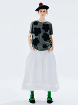 IMAKOKONI original design black flower polka dot printed T-shirt grey round neck puller short sleeve summer top
