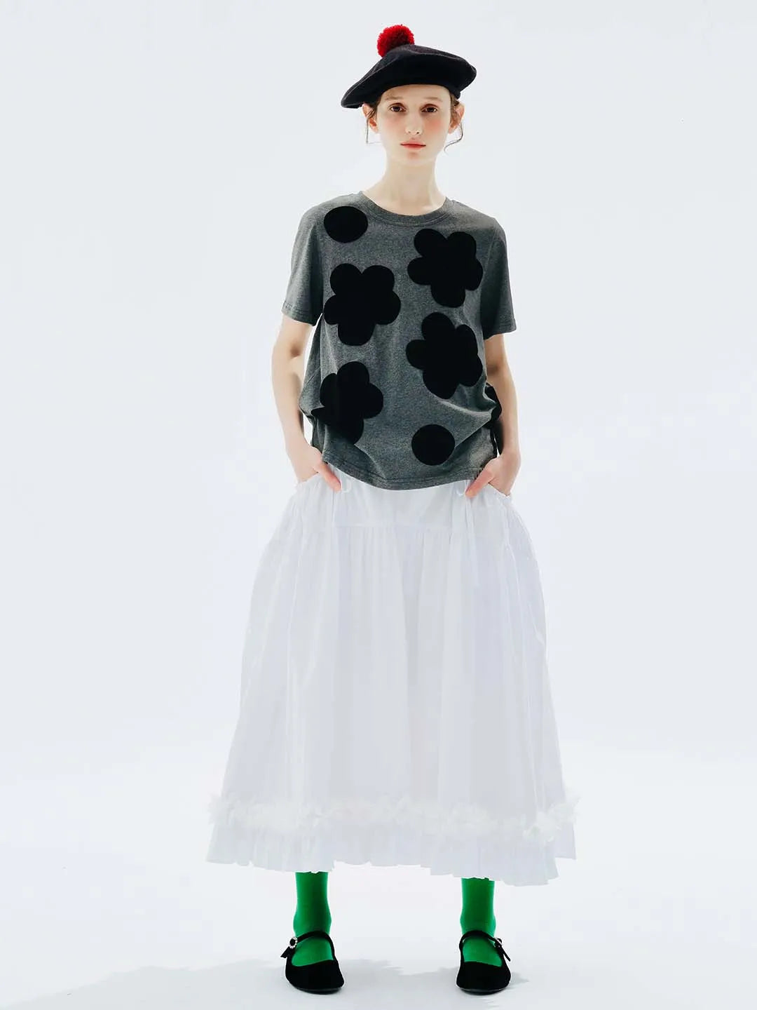 IMAKOKONI original design black flower polka dot printed T-shirt grey round neck puller short sleeve summer top