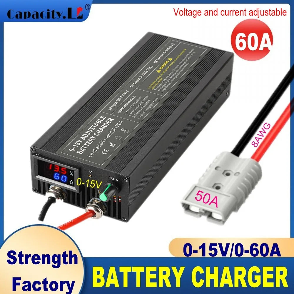 12v 100A 60a lithium Battery Charger 30A 20A 40A 50A Fast Charger with Adjustable Current 100V-240V for Lifepo4 Lithium Battery