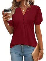 Womens Puff Sleeve V-Neck Button Front Blouse Loose Fit Casual Top