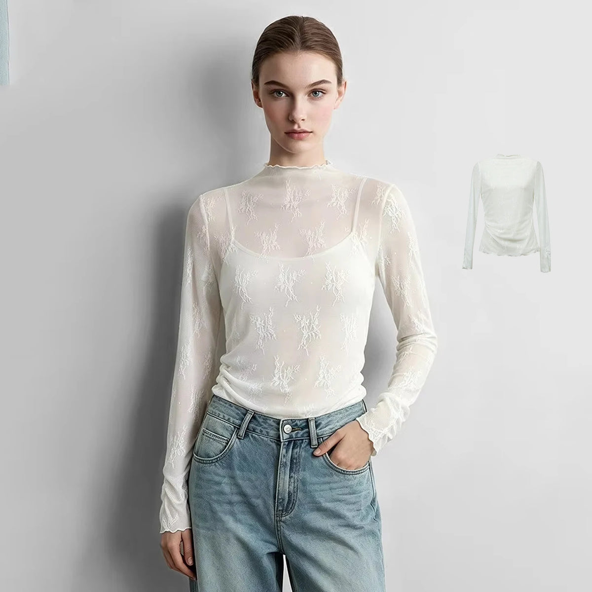 Amii Women's T-Shirts Mock Neck 2026 Autumn Long Sleeve Jacquard Lace Knitted Tops Slim Elegant Commute Woman Cloting 12623032
