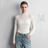 Amii Women's T-Shirts Mock Neck 2026 Autumn Long Sleeve Jacquard Lace Knitted Tops Slim Elegant Commute Woman Cloting 12623032