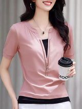 New Women Patchwork Contrast Color T-shirt Fashion Zipper V-Neck Short Sleeve Slim Tees Simplicity Casual Summer T-shirt