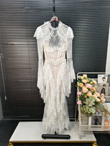 IEQJ Summer Stand Collar Lace Tassel Hollow Out Flare Sleeve Dress Women Boned Waist Tiered Mermaid Dresses New 3A2709