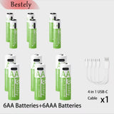 BaKKiter 1.5V AAA 6800mAh/ AA 13600mAh Rechargeable Lithium-ion Batteries Fast Charging Li-ion Battery 2000 Cycles /USB-C Cables