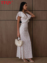 TTQV Sexy Loose Print Women's Dress 2026 Summer V-Neck Short Sleeve Ankle Length Dresses Elegant Classic Ruffles Female Dress