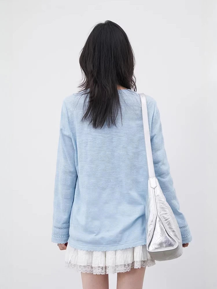 CHIC VEN Women T-Shirts Loose Casual Simple Lace Round Neck Long Sleeve Tees Micro Transparent Female Top Spring Summer 2026