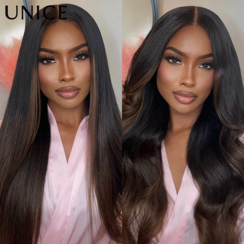 UNICE 7x5 Pre Cut Pre Bleached Glueless Wigs Human Hair Drawstring Cap Chesnut Brown Ombre Yaki Straight Wig 150% Density