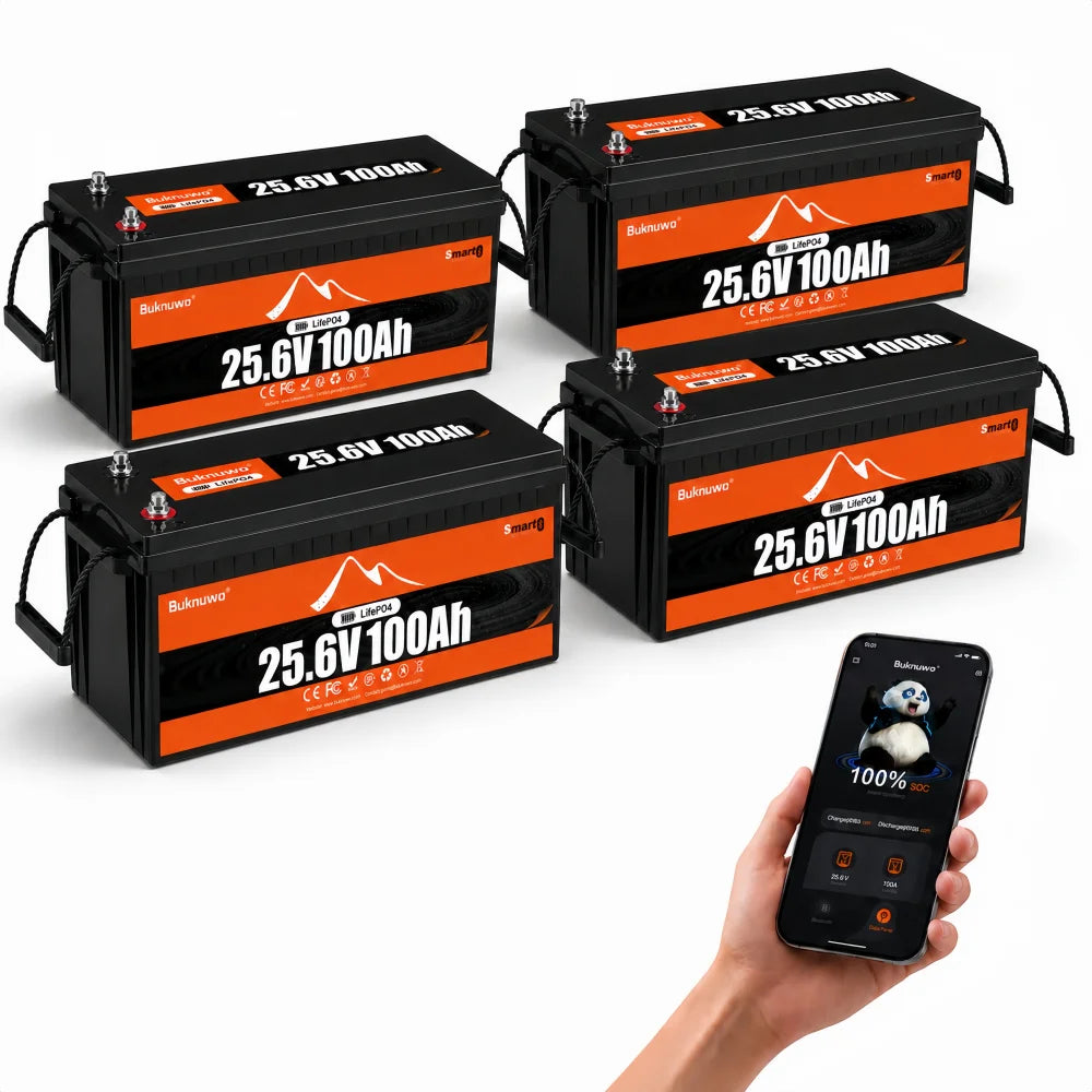 Buknuwo LiFePO4 24V/25.6V 100Ah Lithium Battery With Bluetooth Built-in 100A BMS Grade A Cells 2560Wh Power Energy Storage Battery Low-Temp Protection Capable Of Over 10000 Cycles Support Parallel Battery For Solar,RV,Marine,Off-Grid Application,Camp