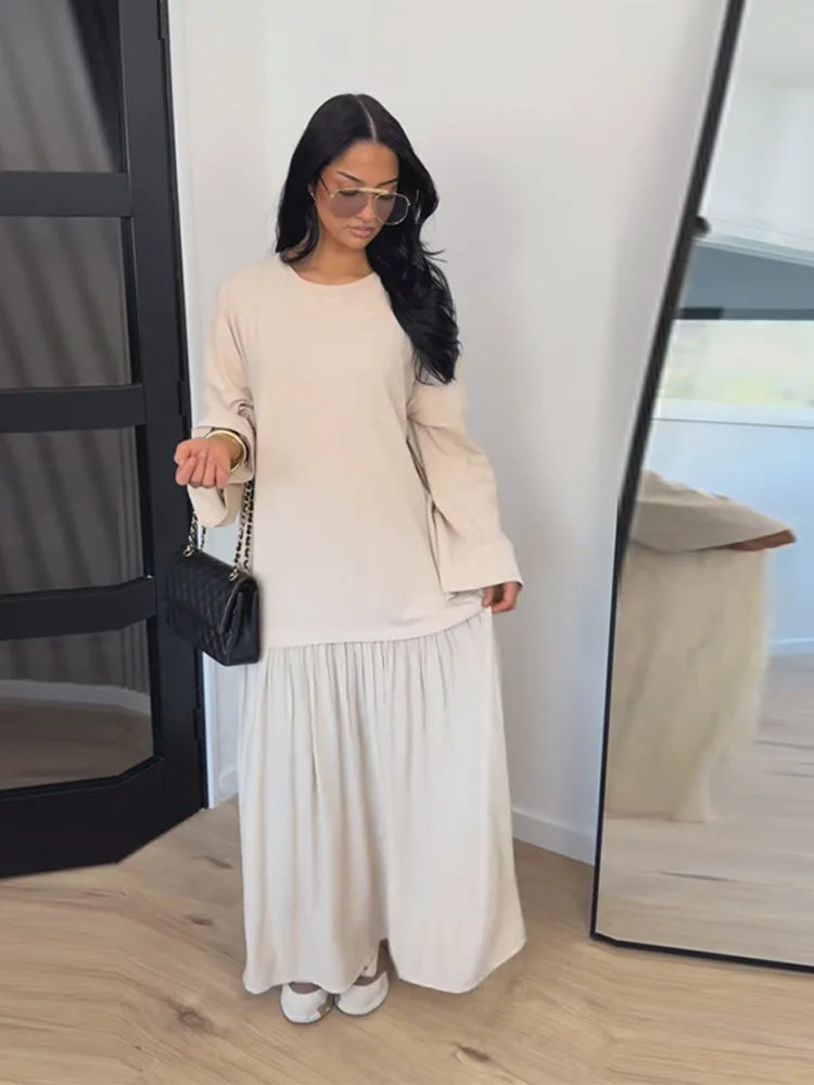 Oversized Flare-Sleeve Maxi Dress Crew-Neck Tiered Loose-Fit Spring Casual Long Dresses Flowy 2026 Summer All-match Solid Outfit