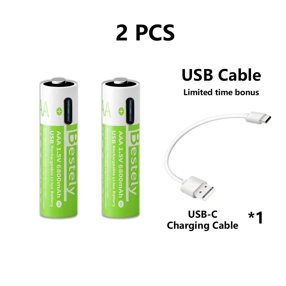 2025 Pro 1.5V AAA 6800mAh Rechargeable Battery, Type-C Fast Charging Li-ion Batteries, 2000 Cycles LED Indicator with Free Cable