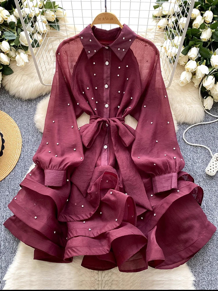 French Diamond Studded Ruffle Edge Dress for Women in Spring Autumn with Straps Long Sleeves Cinching A Fluffy Party Dress C200