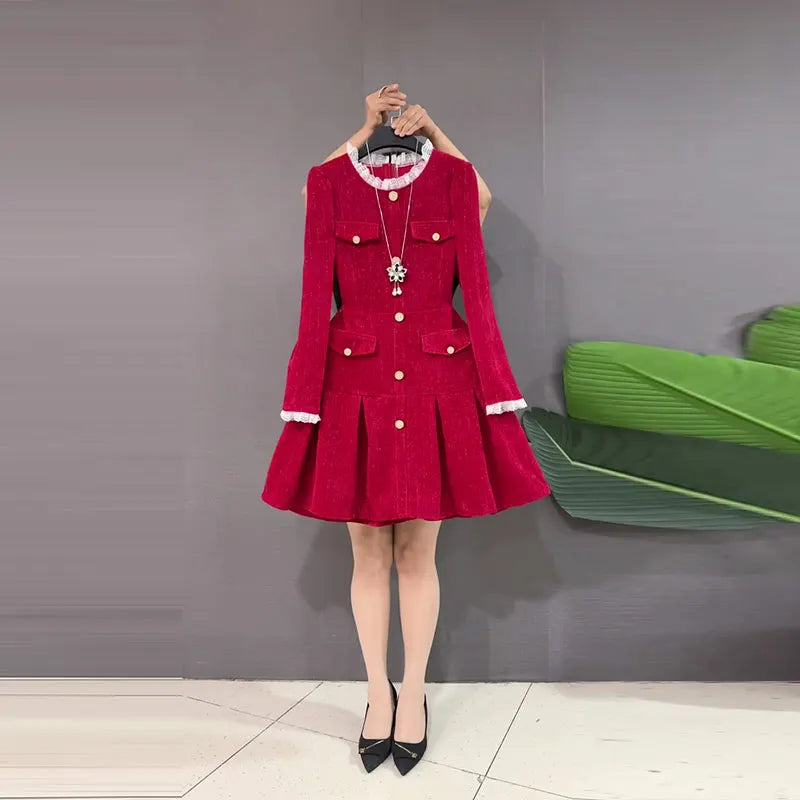 plus Size Color Block Collar Long Sleeve Waist Cinched Little Black Dress Red Elegant Ladylike Dress Commute Style A-Line Skirt
