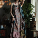 Johnature Women Vintage Ramie Patchwork Dress 2025 Summer New High Quality Print Floral Sleeveless Spaghetti Strap Female Dress
