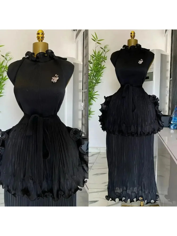 Miyake Pleated Ruffle Collar Dress with Temperament, Solid Color Sleeveless Ball, Elegant Plus Size Long Dress, 2025 Summer
