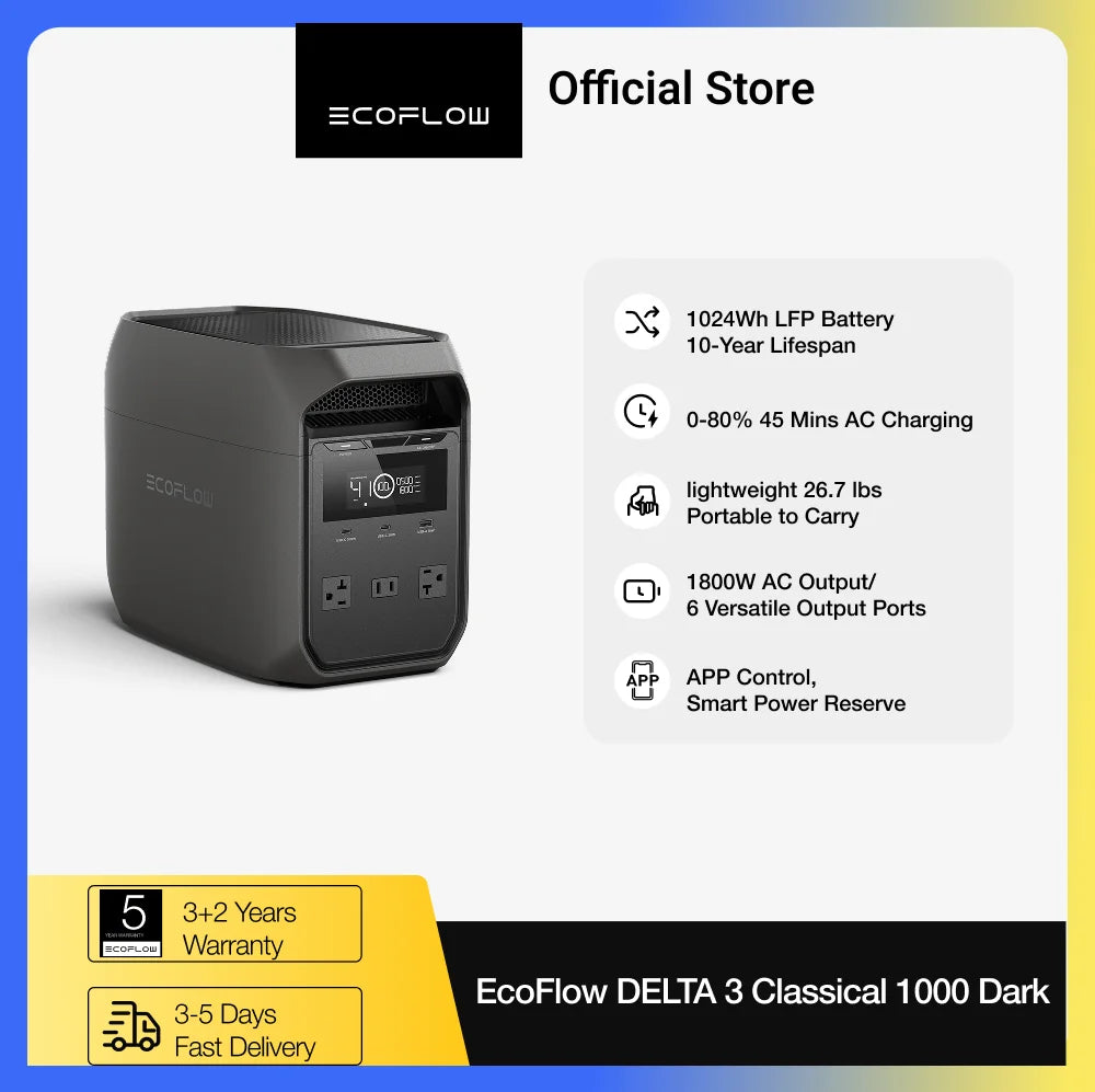 ECOFLOW Solar Generator DELTA 3 Classical Dark 1000, 1024Wh LiFePO4 Battery Portable Power Station, 1800W AC/100W USB