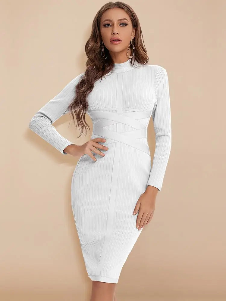 BEAUKEY Sexy Red Bandage Dress 2023 Nude Turtleneck Long Sleeves Office Bodycon Dress Cross Criss Women Midi Vestidos Maxi XL