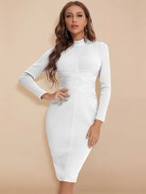 BEAUKEY Sexy Red Bandage Dress 2023 Nude Turtleneck Long Sleeves Office Bodycon Dress Cross Criss Women Midi Vestidos Maxi XL