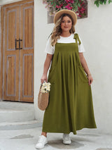 GIBSIE Plus Size Solid Tie Shoulder Overalls Dress For Women 2026 Summer Casual Loose Sleeveless Maxi Long Dresses with Pockets