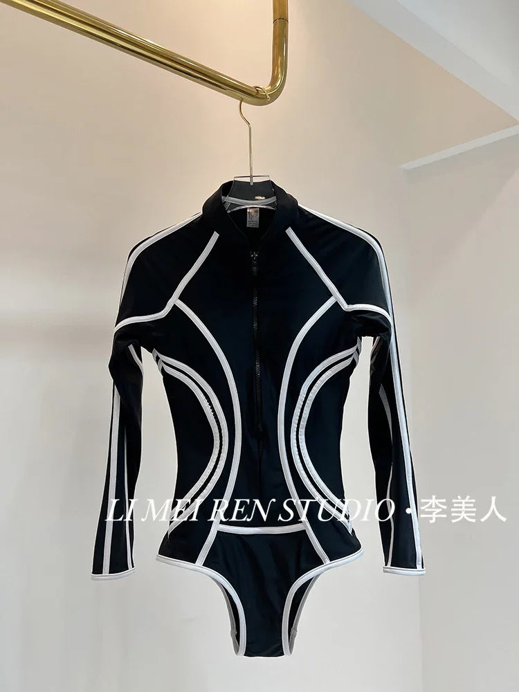 New black lines sexy slimming long sleeved sunscreen surfing sports one-piece swimsuit