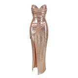 Sequined Strapless Evening Gown in Rose Color with a Thigh Slit, Women's Sexy Sequin Open Back Lace Up Dress Long Style