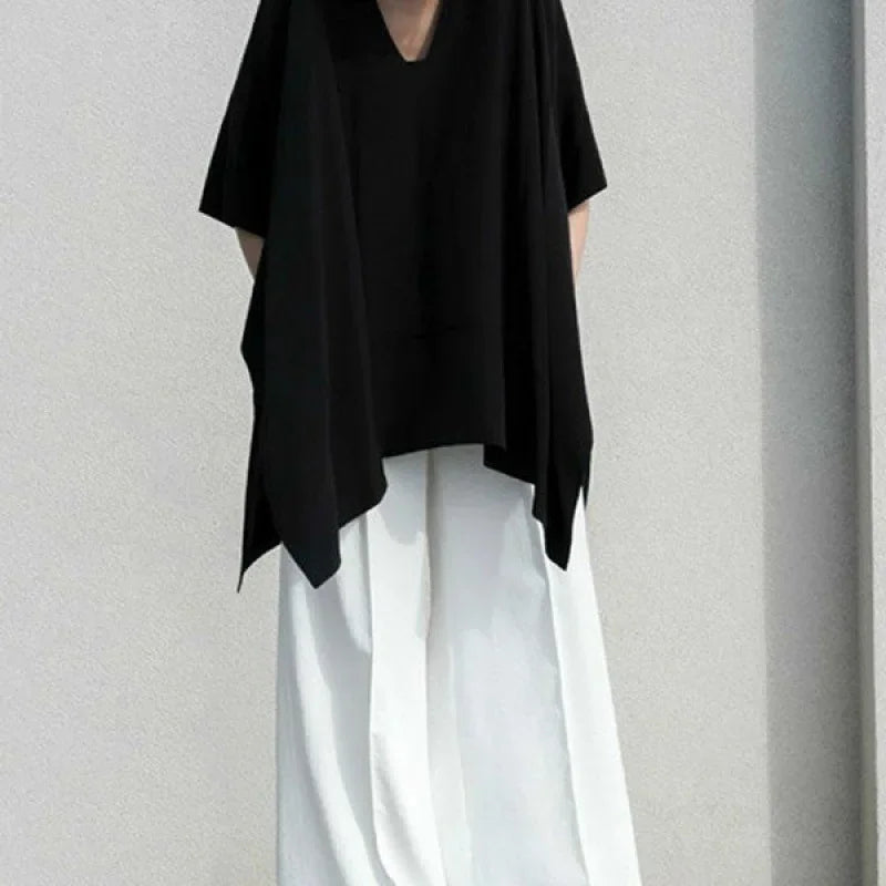 Summer 2025 Fashion Chic V-neck Irregular Black T-shirts Casual Loose Women's Clothing Batwing Sleeve Oversized 5XL Tops Female