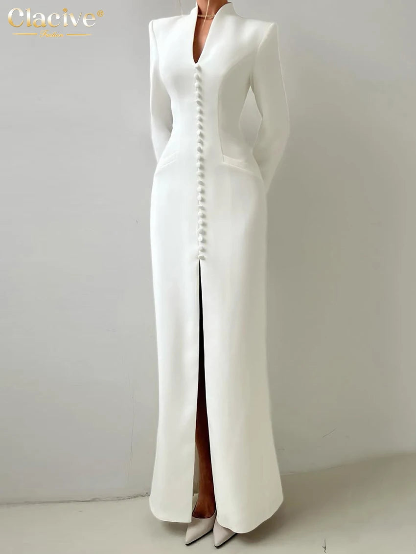 Clacive Sexy Slim White Women's Dress 2025 Fashion V-Neck Long Sleeve Ankle Length Dresses Elegant Classic Slit Female Dress