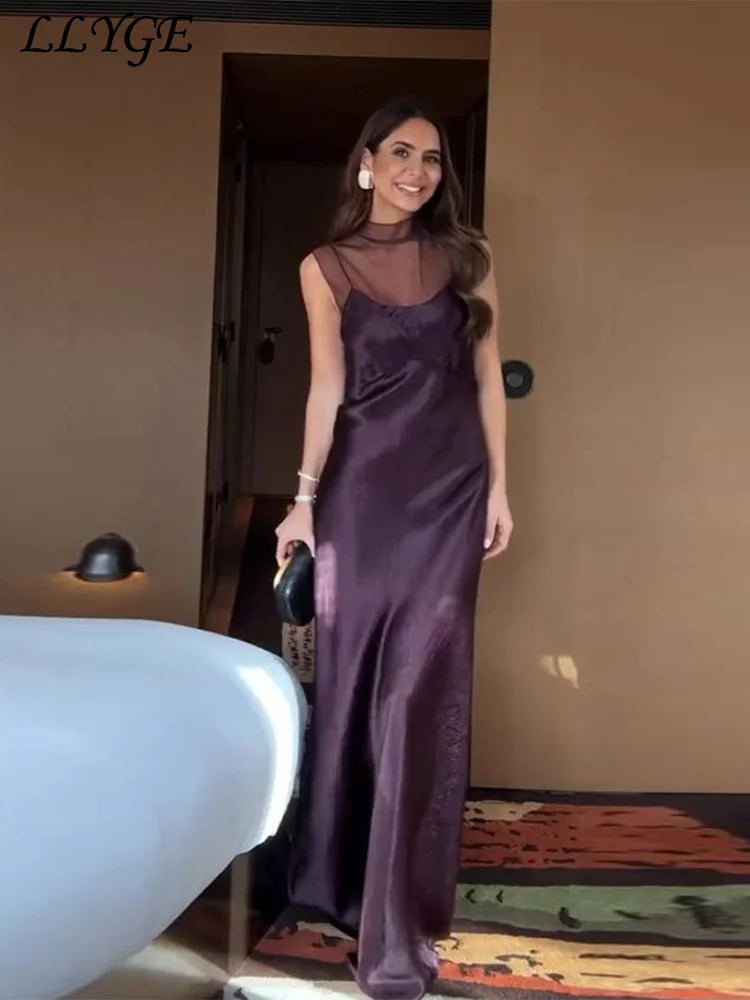 See Through Mesh Satin Patchwork Long Dress Women Half High Collar Sleeveless Backless Dresses 2026 Spring Lady Party Robes 2025