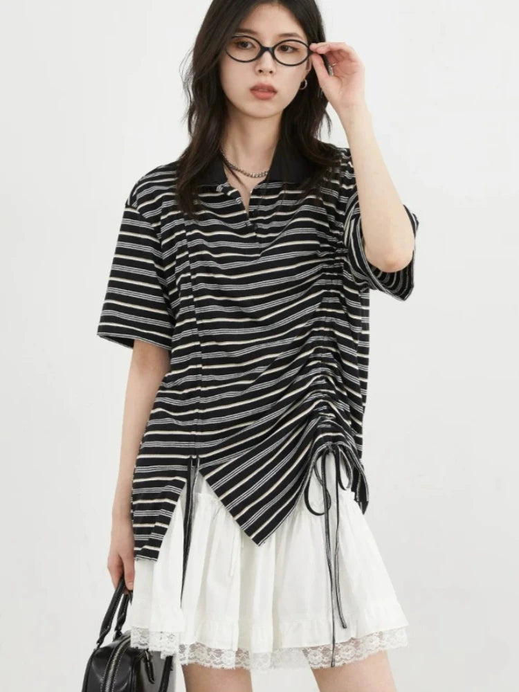 CHIC VEN Women T-Shirts Slim Pullover Short Sleeve New Contrast Stripes Pleated Tees Female Top for Girl Spring Autumn 2026