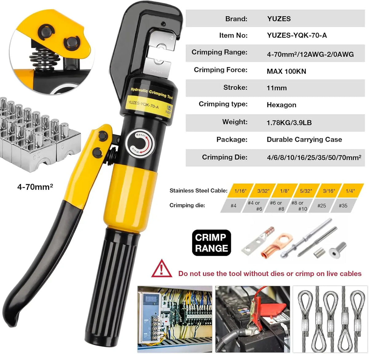 10-Ton Hydraulic Crimping Tool Kit with 9 Dies for Battery Cables, Wire Rope & Ring Terminals, Easy Operation