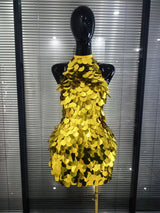 Shining Sequins Women Sexy Halter Off the Shoulder Backless Bodycon Mini Dress Nightclub Party Celebrate Bar Singer Stage Wear