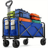 Heavy Duty Wagon Carts Foldable, Portable Wagons for Groceries, Beach Cart with All-Terrain Wheels  Drink Holders, Utility Wagon