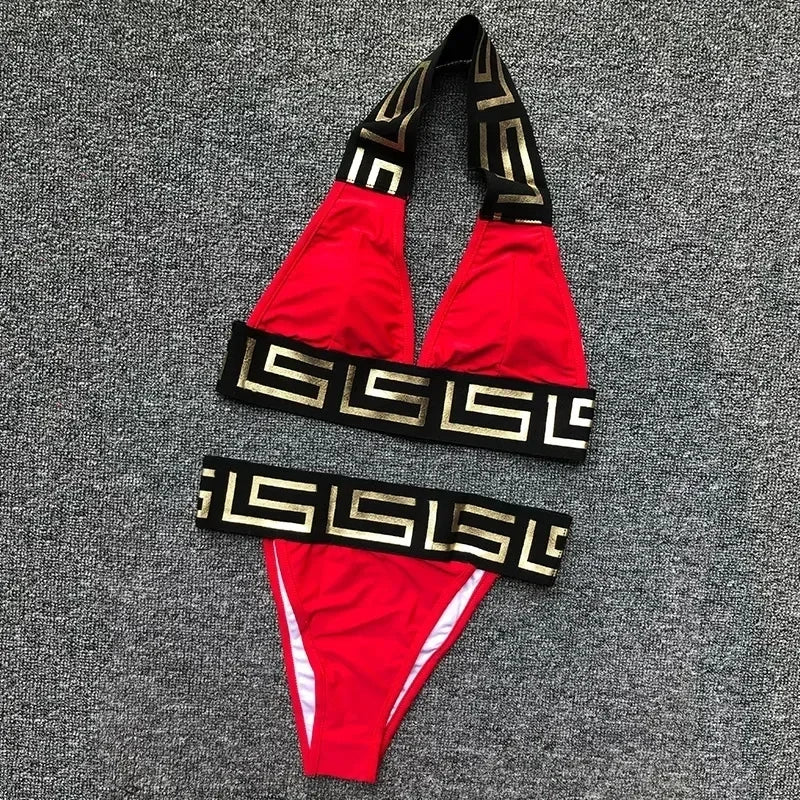 2025 New Women's Hot Stamping Printed Spliced Hanging Neck and Exposed Back Split Bikini Swimsuit