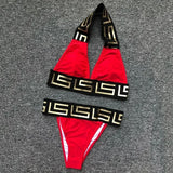2025 New Women's Hot Stamping Printed Spliced Hanging Neck and Exposed Back Split Bikini Swimsuit
