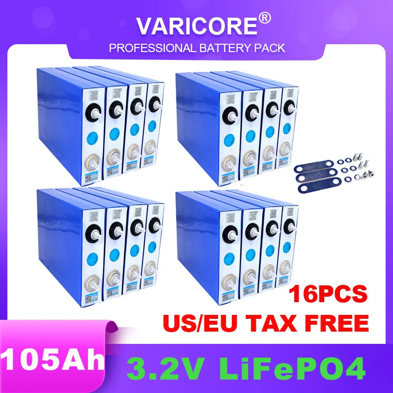 16pcs 3.2v 102Ah 105Ah 100ah Lifepo4 Grade A Battery Lithium Iron Phosphate for 12v Campers Golf Cart Off-Road Solar Wind Yacht