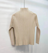 LANMREM 2025 New Long Sleeved Women's Pleated T-shirt Base Solid Color Stand Collar Slim Fit Long Pullover Tops Chic 2DB2996