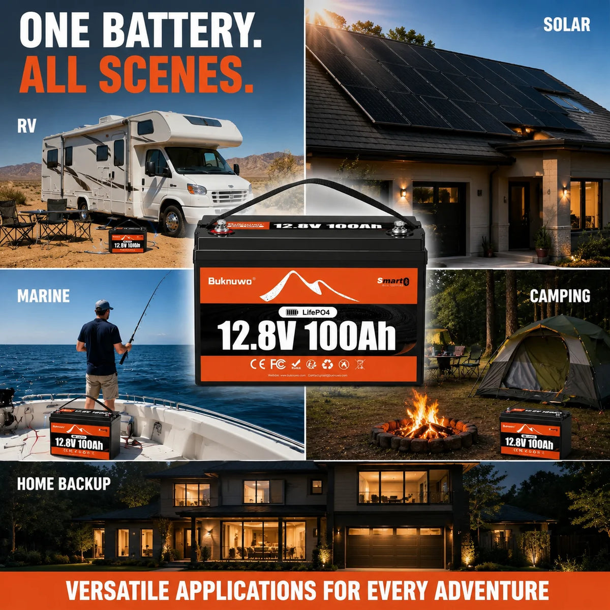 BUKNUWO 12V 100Ah Bluetooth LiFePO4 Lithium Battery, Smart 1280Wh Grade A Cells Battery For RV Boat Solar System